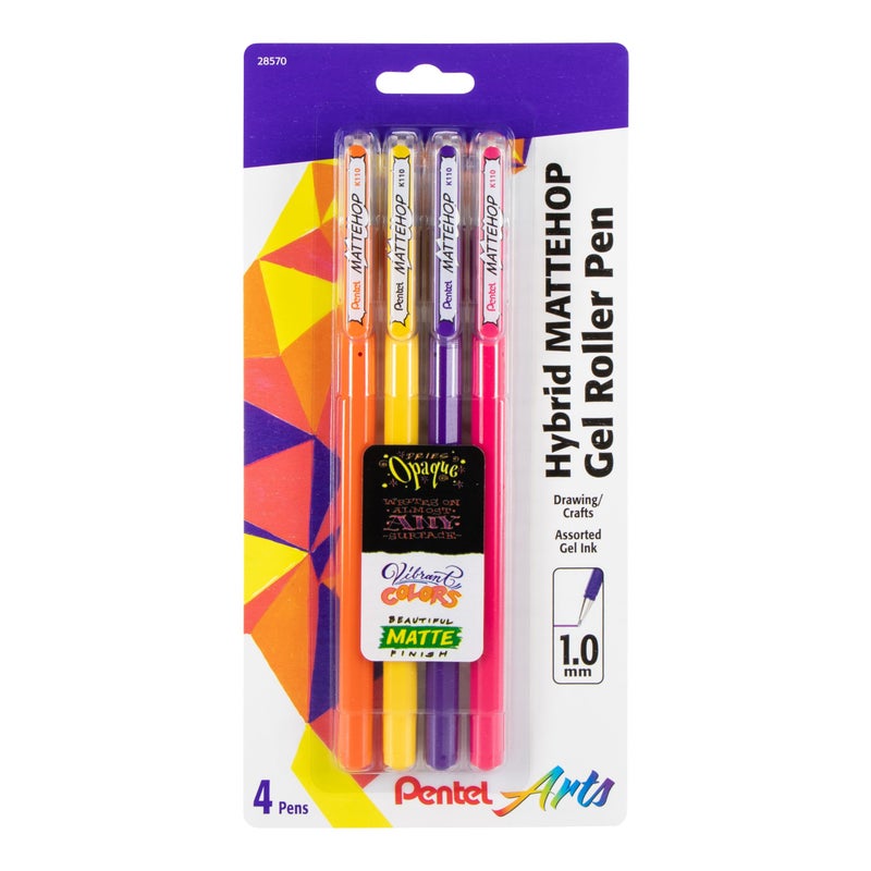 بنتل أسطوانة جل Pentel Arts Hybrid MATTEHOP، 1.0 مم، برتقالي غير لامع، أصفر غير لامع، وردي غير لامع، بنفسجي غير لامع، عبوة من 4 أقلام (K110VBP4M1) - Image 1